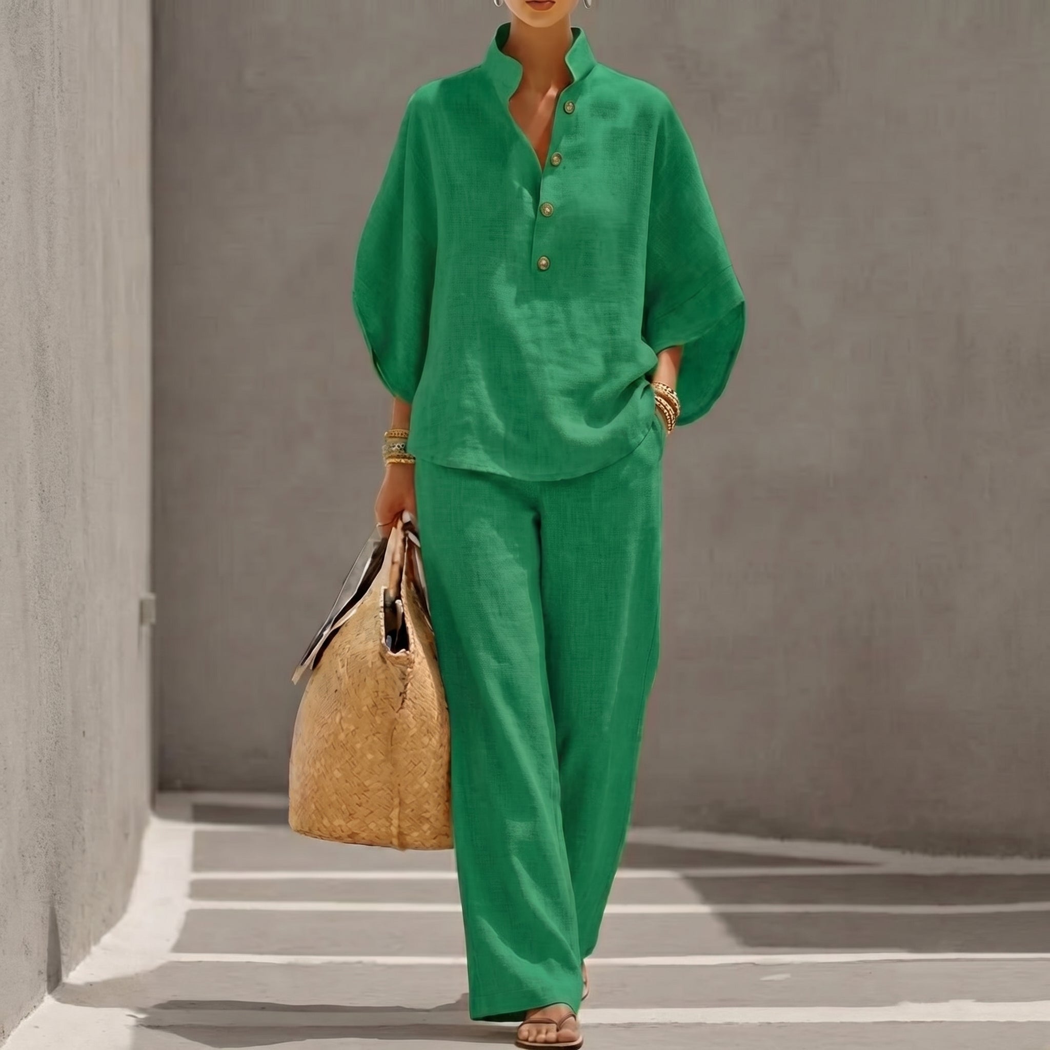 Maribel™ | Conjunto de lino con mangas murciélago y pantalón ancho
