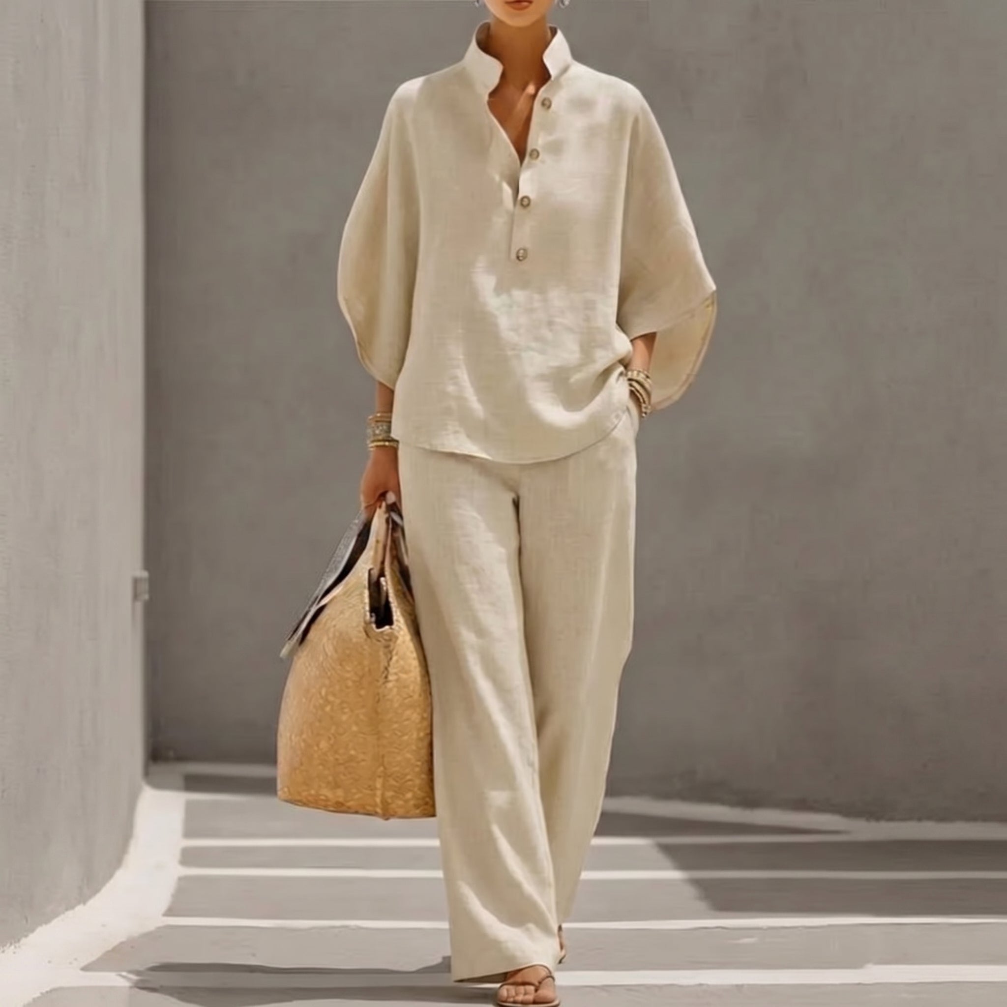 Maribel™ | Conjunto de lino con mangas murciélago y pantalón ancho