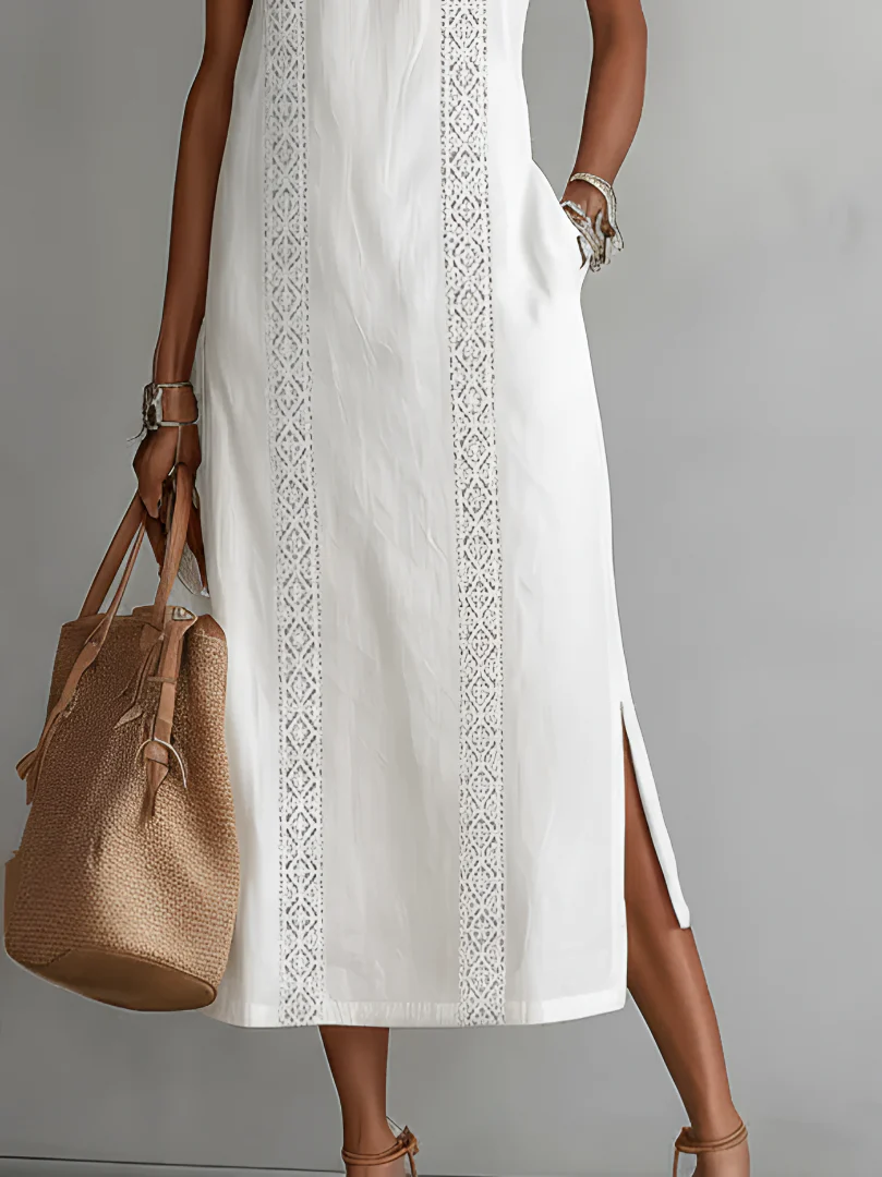 Jimena | Vestido midi de lino con cuello mao
