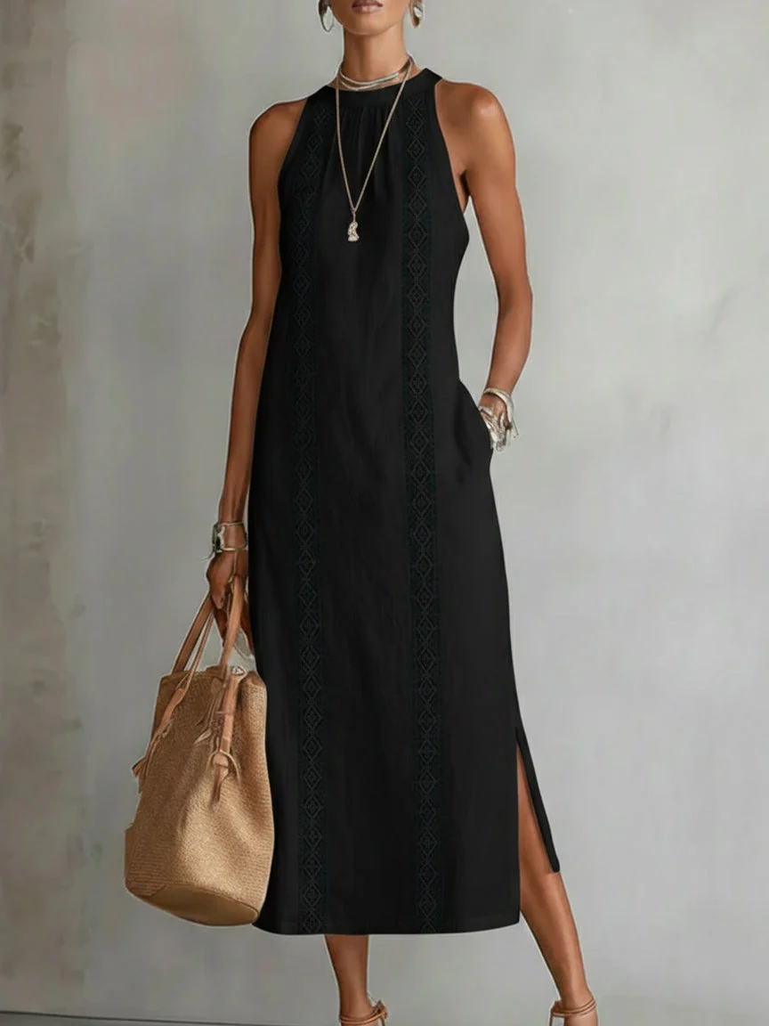 Jimena | Vestido midi de lino con cuello mao