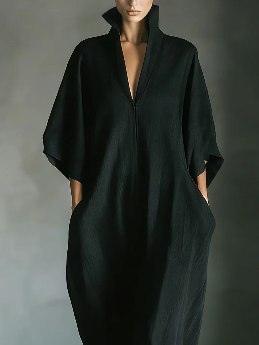 Alejandra™ | Vestido maxi negro minimalista de corte amplio con mangas tipo kimono